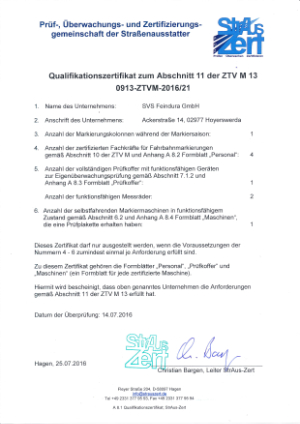 Prüf-, Überwachungs- und Zerliftzierungsgemeinschaft der Straßenausstatter + Qualifikationszertifikat zum Abschnitt 11 der ZTY M130913-ZTVM-201 6121
